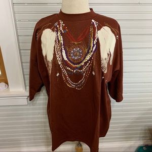 Vintage Aztec Native American print bead shirt